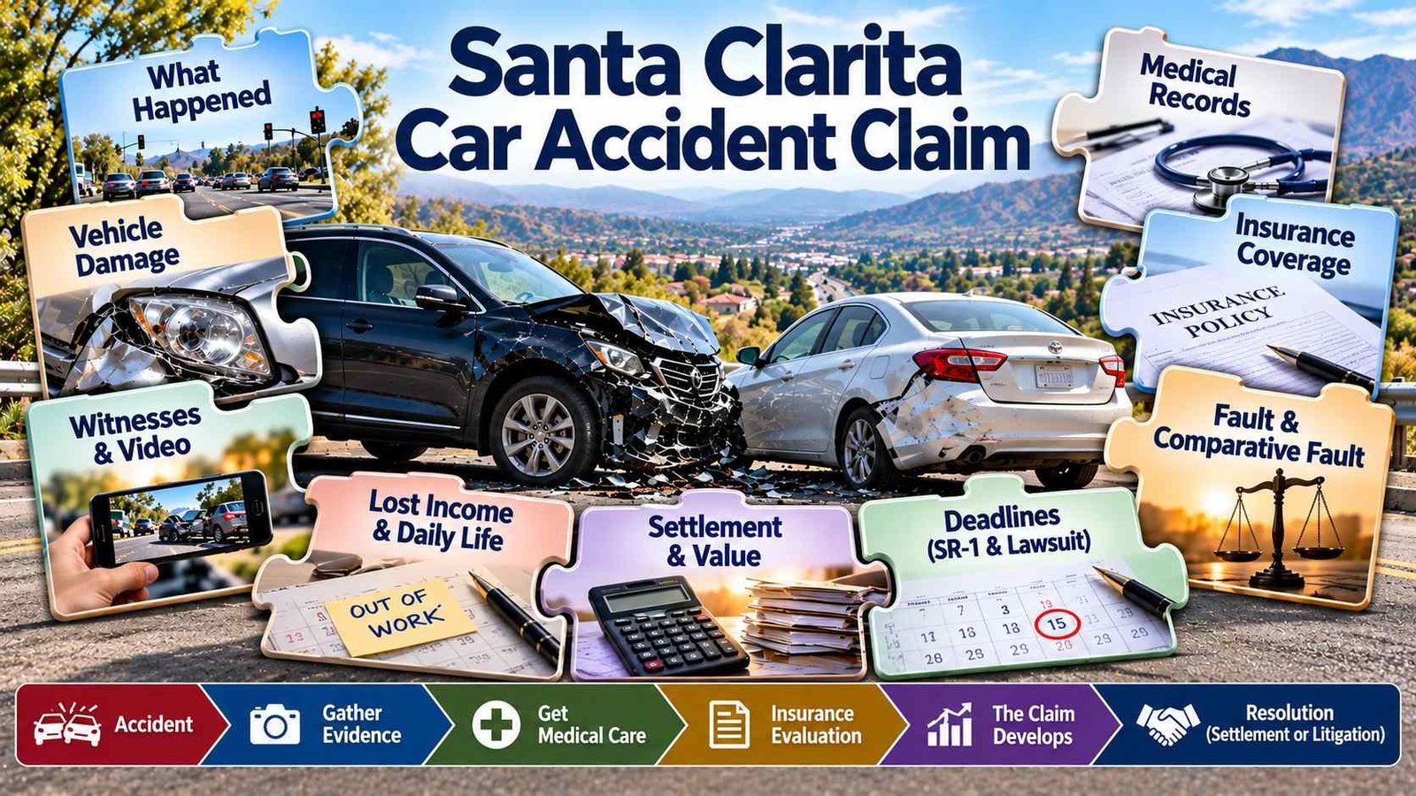 Collided cars on road with Santa Clarita car accident claim text and insurance-related puzzle labels.