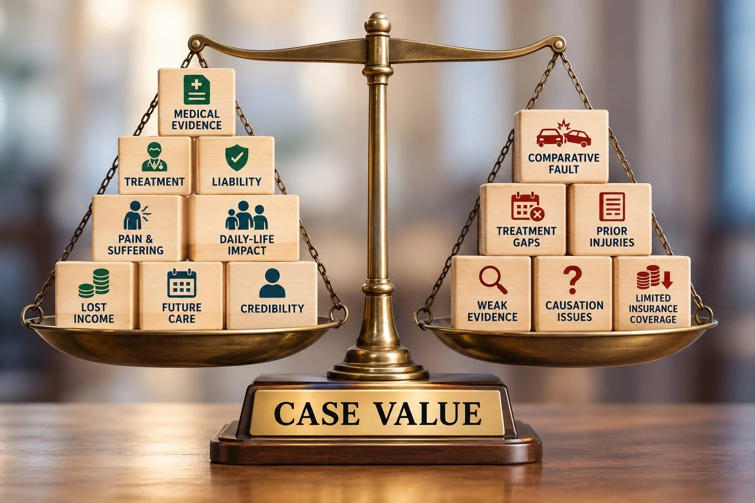 Two balanced scales with medical evidence blocks labeled treatment, liability, comparative fault, and case value.