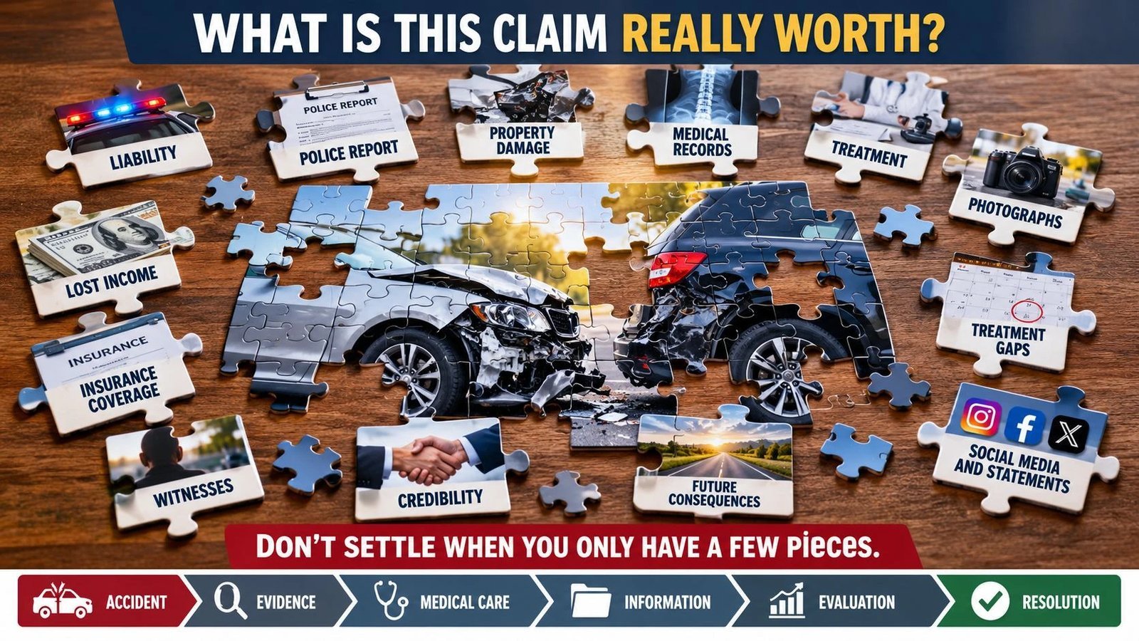 Jigsaw puzzle of a car collision surrounded by labeled pieces, including liability, police report, medical records, insurance coverage, witnesses, and treatment gaps, under the headline “What Is This Claim Really Worth?”