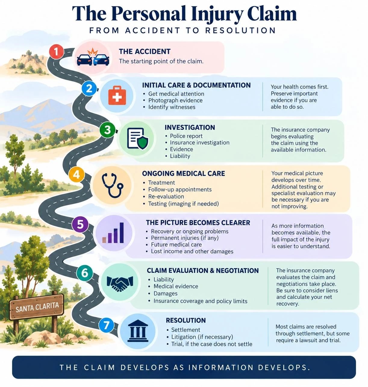 Infographic titled "The Personal Injury Claim" showing seven steps along a winding road landscape.