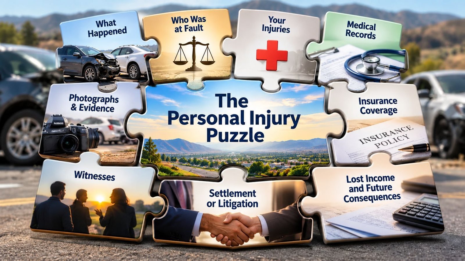 Jigsaw puzzle titled “The Personal Injury Puzzle” with accident, evidence, medical records, and settlement themes.
